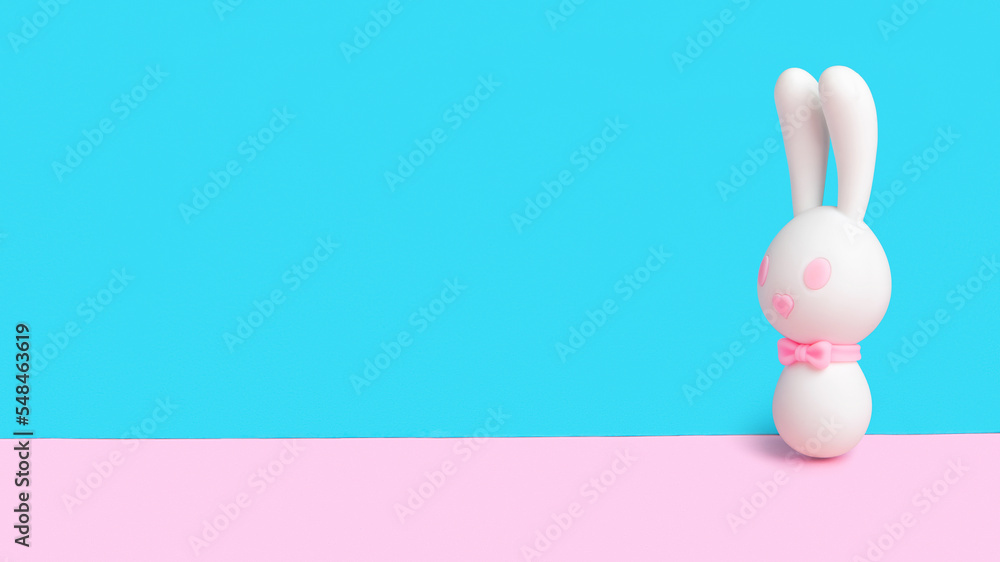 Obraz premium White rabbit vibrator on blue and pink background. Easter concept for sex shop. Vaginal dildo for girls in the shape of rabbit ears. Easter bunnys. Sex toys. Space for text.