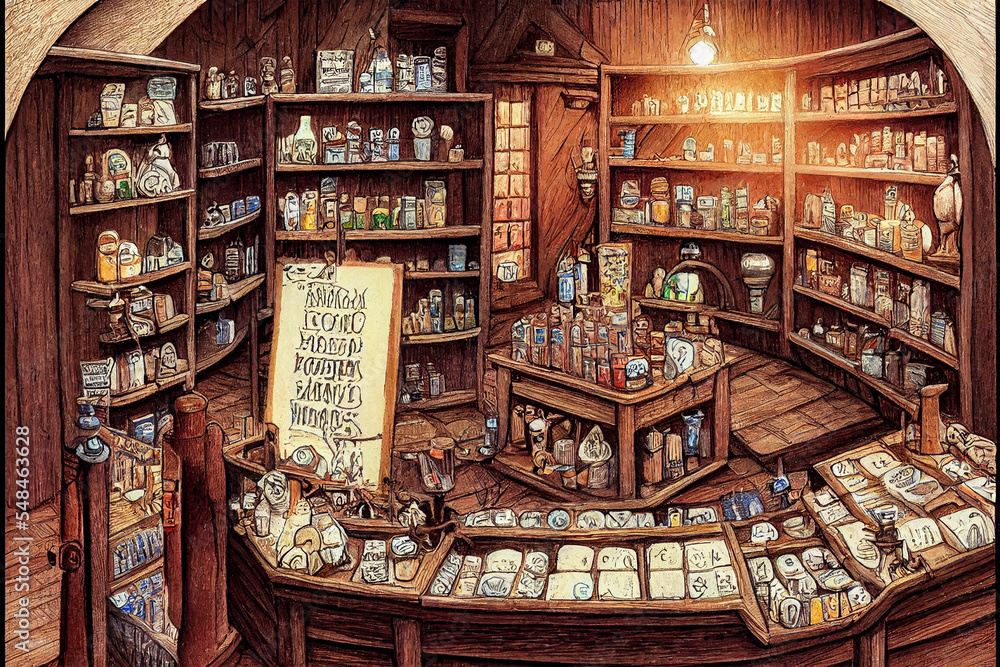 Medieval pharmacy store, illustration