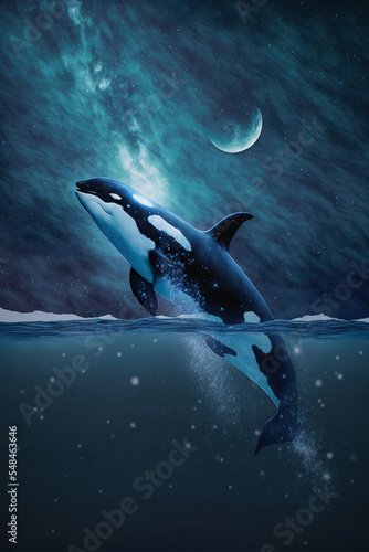 Photo Killer whale breaching the icy arctic waters under the moonlit sky