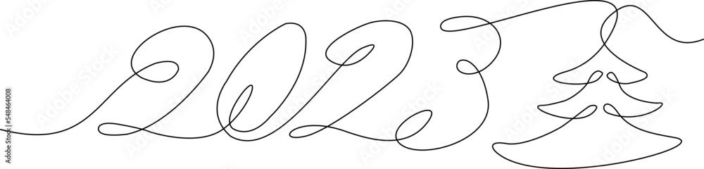 Beautiful 2023 single line art drawing with Christmas tree Beautiful 2023 single line art drawing with Christmas tree