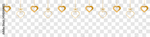 Golden heart line icons.Hanging hearts garland.Set of simple hearts.Valentine's Day seamless pattern.Golden hearts garland isolated on a transparent background. Valentine's day decoration.