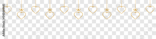 Golden heart line icons.Hanging hearts garland.Set of simple hearts.Valentine's Day seamless pattern.Golden hearts garland isolated on a transparent background. Valentine's day decoration.