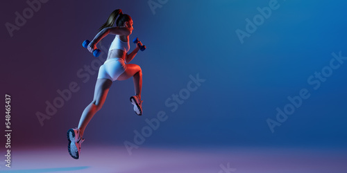 Back view of young sportive girl in white sportswear running away isolated over gradient blue purple background in neon light. Fitness, hobby, healthy lifestyle. Flyer © master1305