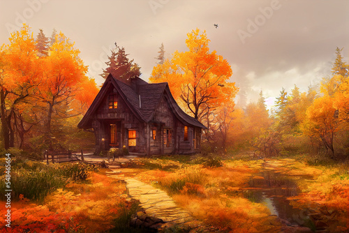 Beautiful autumn forest with wooden house or small red cabin. The forest around it is dressed in autumn colors. Beautiful alley in colorful autumn timely in colorful autumn time.