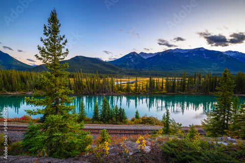 Bow River and Rocky Mountains from Backswamp Viewpoint in Banff National Park