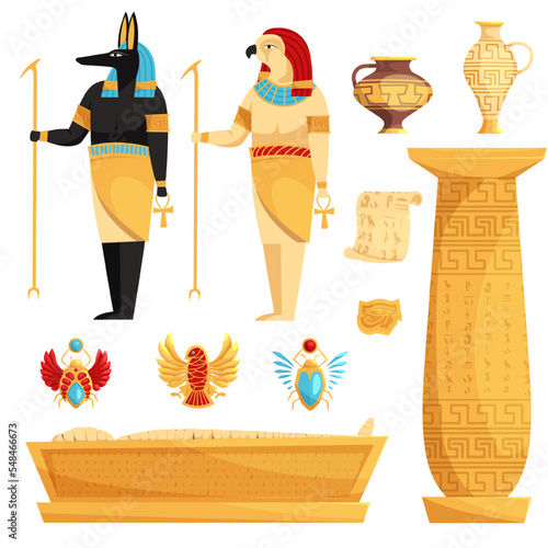 Set of isolated egyptian or Egypt symbols. Ancient egypt mural. Egyptian mythology.