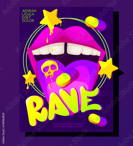 Psychedelic rave trip party banner template. Good design for textile t-shirt print design, flyer and poster. Vector cartoon hippie poster with druds