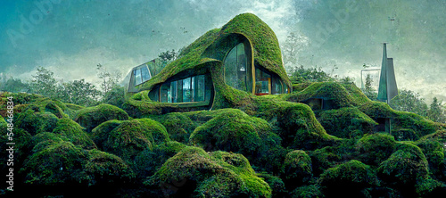 Futuristic glass house covered with moss, grass and flowers. Architectural and nature concept © CravenA