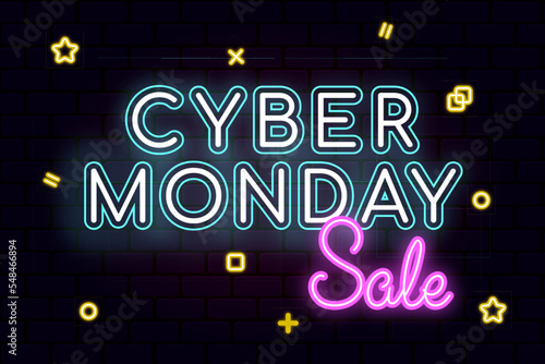 Cyber Monday concept banner in fashionable neon style. Neon Cyber Monday Banner. Text and Title of Cyber Monday