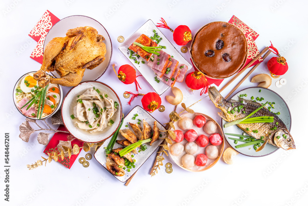 Traditional Chinese lunar New Year dinner table, party invitation, menu