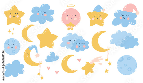 Cute childish set of good night elements. Childrens collection of stars, clouds, moons, planets. Vector illustration in hand drawn cartoon style.