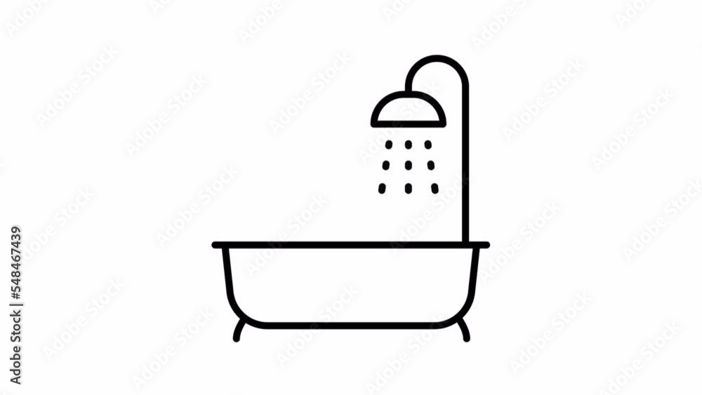 Water flowing from the shower head in the bathtub. Transparent background. Line icon animation. Water flowing from the shower head in the bathtub. Transparent background. Line icon animation.