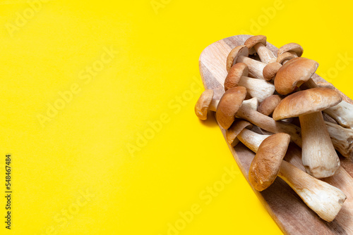 Brown cap Boletus Edulis on a cutting board on yellow background. Edible mushrooms on a wooden plank in the kitchen. Nobody