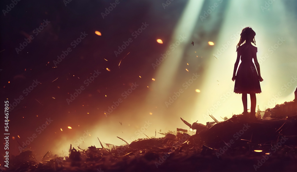 Krieg, Apokalypse - kleines Mädchen vor Trümmern oder zerstörtes Gebäude - Thema Unschuld Krieg, Apokalypse - kleines Mädchen vor Trümmern oder zerstörtes Gebäude - Thema Unschuld