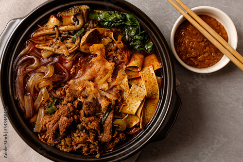 Spicy Hot Pot with Meat, Vegetables and Noodles