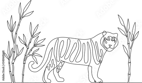 Photography Tiger standing between bamboo plants modern style vector illustration