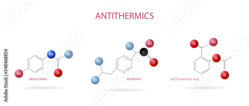 Chemical structure of some antipyretics to treat the flu or cold Paracetamol, ibuprofen, acetylsalicylic acid. photo