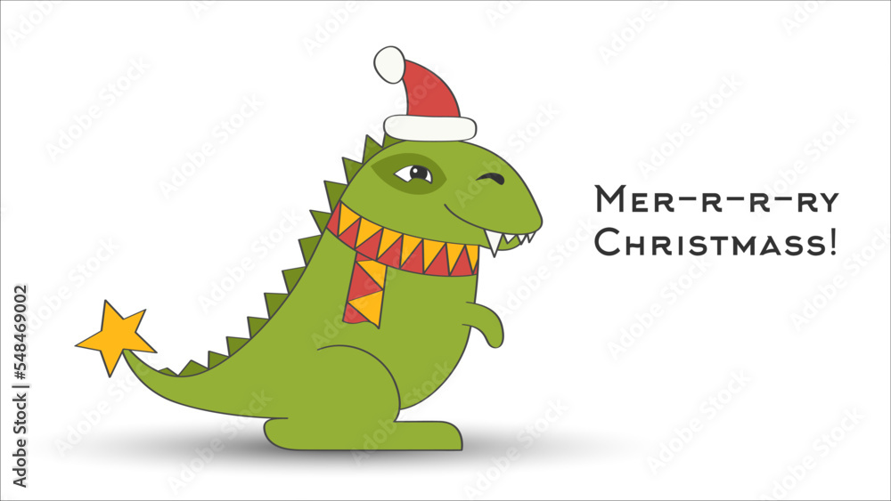 Obraz premium Dino Santa Claus Tyrannosaurus. Christmas funny cartoon dinosaur in a New Year hat and scarf with star on the tail isolated on white background. Hand drawn vector illustration. Cute green dragon