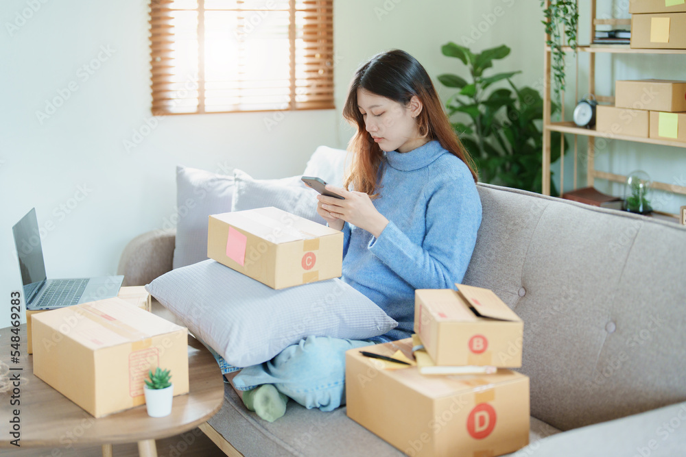 Starting small business entrepreneur of independent Asian woman smiling using computer laptop with cheerful success of online marketing package box items and SME delivery concept Starting small business entrepreneur of independent Asian woman smiling using computer laptop with cheerful success of online marketing package box items and SME delivery concept