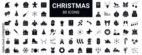 Set of 80 christmas filled icons. Holiday symbol. Black fill Xmas icons collection. Editable stroke