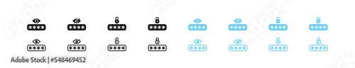 Password icon. Login sign. Lock and eye symbols. Unlock icons set. Invisible and visible symbol. Blue and black color. Vector sign.