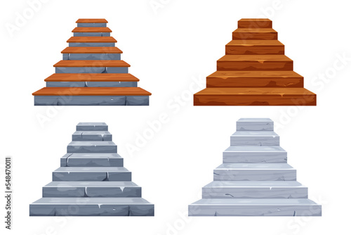 Set Stone fairy stairs and stairway with wooden decor  medieval ancient architecture in cartoon style isolated on white background with cracks  broken elements. Game asset design element