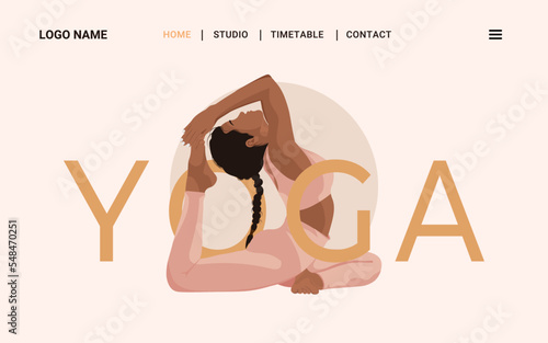 Landing page template yoga studio or class. Young african american woman doing yoga poses. Healthy lifestyle fitness concept. Faceless style Female character web page or website.Vector illustration