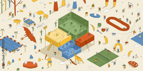 Illustration of Sports Stadium and Fantasy Characters