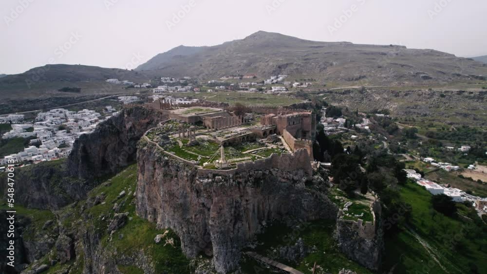An orbit drone video of Lindos acropolis. Rhodes, Greece An orbit drone video of Lindos acropolis. Rhodes, Greece