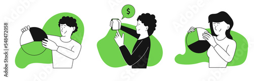 Personal investor set business vector illustration concept. Success financial income and management profit. Saving wealth and growth money bank. Increase capital and corporate budget investing