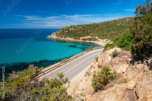 Panoramic road along the coast in Villasimius. Road 17 between Cagliari and Villasimius, Sardinia, Italy