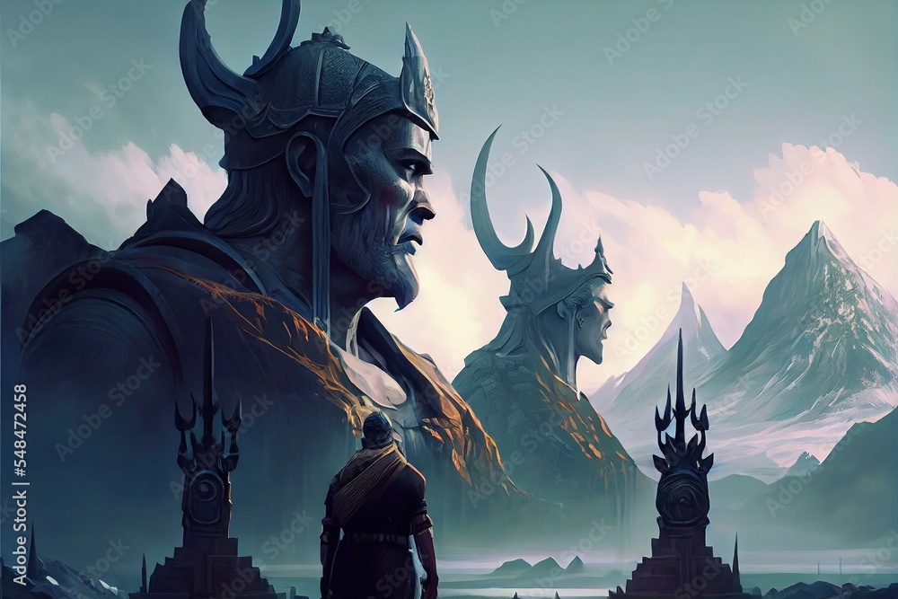 Warrior looking at Majestic God statue. Fantasy scenery. Norse