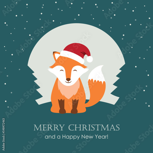 christmas greeting card with cute fox on snowy winter landscape
