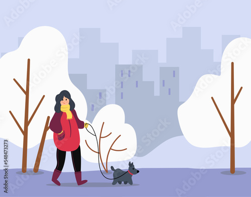 Walk Your Dog Month. The girl is walking her dog. Flat style. Vector illustration.