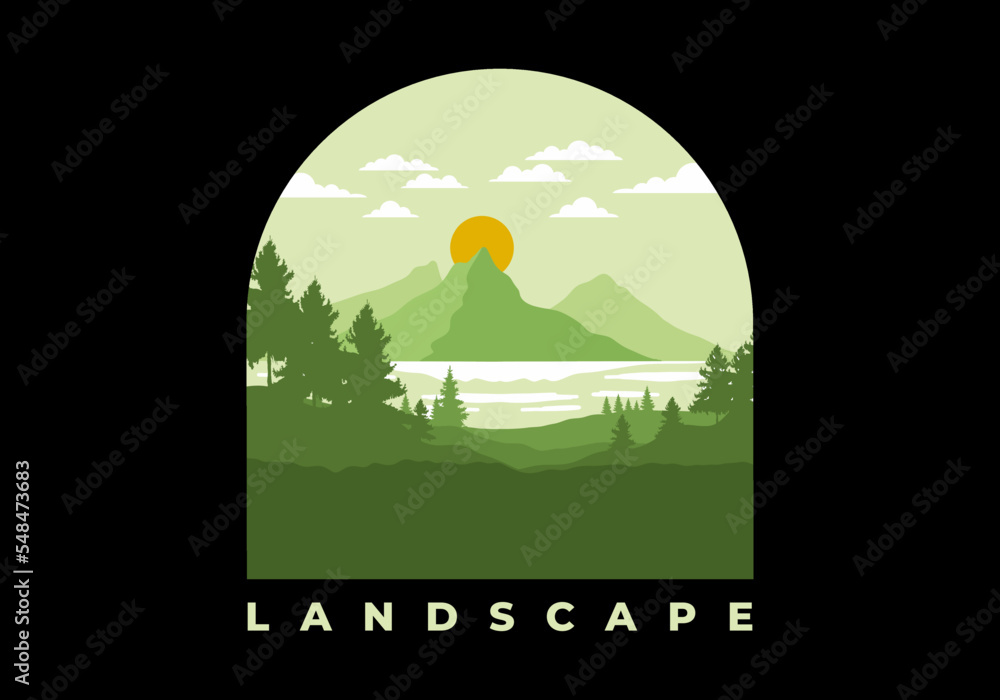 Fototapeta premium Landscape art illustration of a mountain and lake