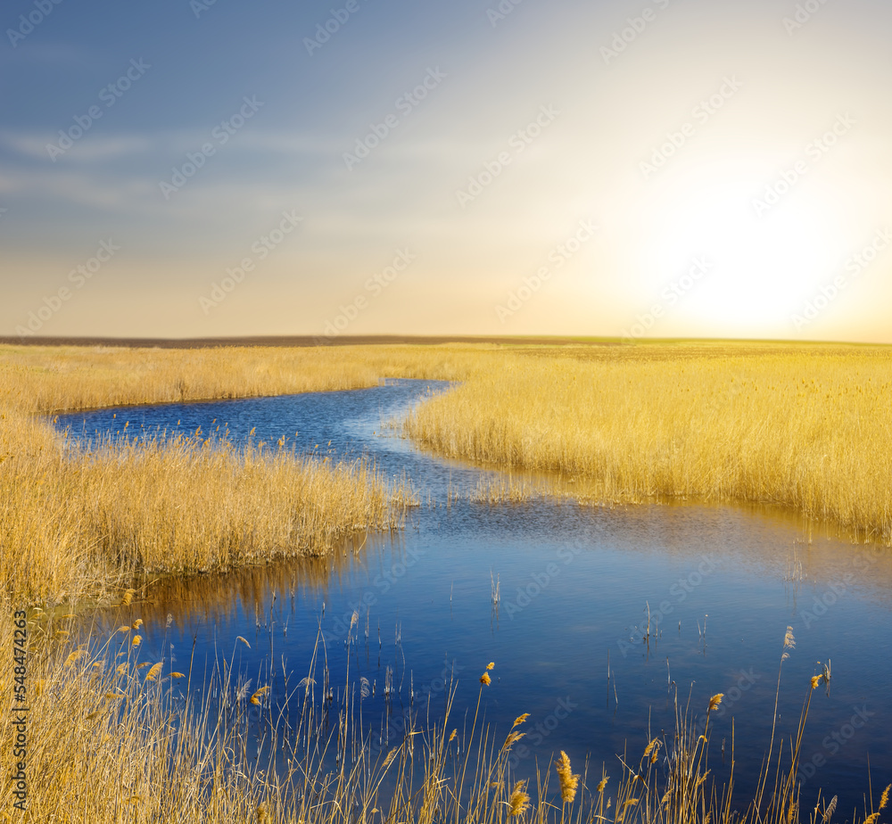 small quiet river at the sunset small quiet river at the sunset