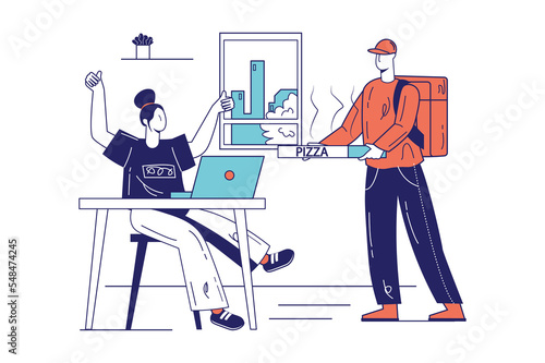 Wallpaper Mural Food delivery concept in flat line design for web banner. Courier delivering pizza and grocery bag to customer at home or office, modern people scene. Illustration in outline graphic style Torontodigital.ca