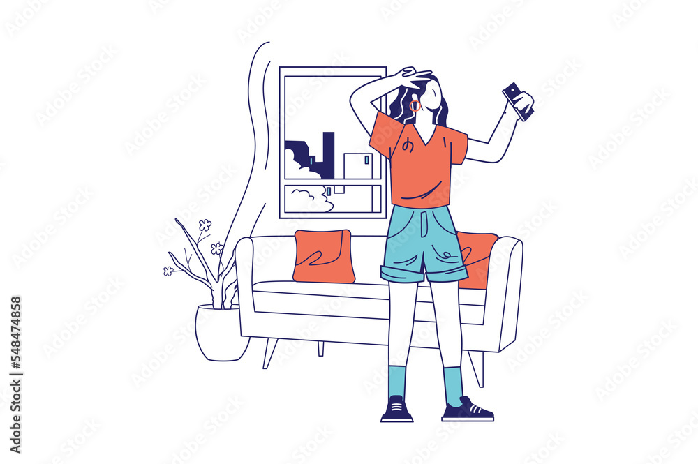 People sit in gadgets concept in flat line design for web banner. Woman user taking selfie photo using smartphone camera at home, modern people scene. Illustration in outline graphic style
