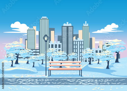 Winter city park with a path, a bench and a lantern against the backdrop of a big city. Wonderful winter and snowfall in the big city. Vector flat style illustration.