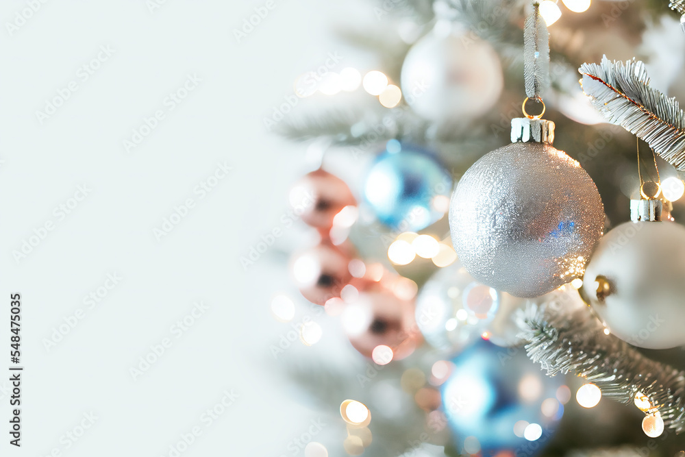 New Year and Christmas Holiday clean, bright and minimalistic background, copy space, close-up photo of a beautiful luxury Christmas tree with lights and Christmas balls on isolated pastel background New Year and Christmas Holiday clean, bright and minimalistic background, copy space, close-up photo of a beautiful luxury Christmas tree with lights and Christmas balls on isolated pastel background