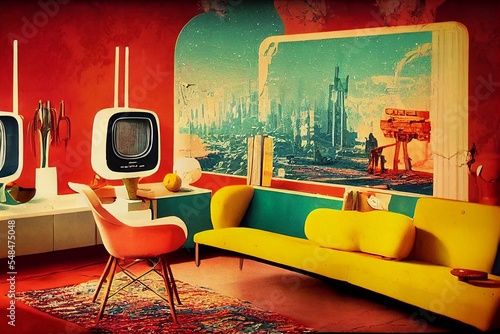 Vintage socialist living room with retro television sci-fi interior design photo