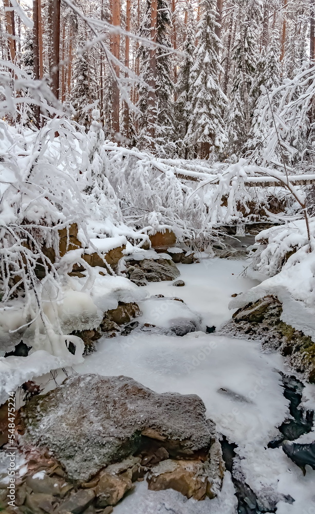 Winter landscape with snow-covered trees, a river in the forest Winter landscape with snow-covered trees, a river in the forest