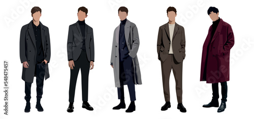 Group fashion men in modern trendy outfits. Young people wearing stylish casual summer clothes. Colored flat graphic vector illustration of fashionable man isolated on white background