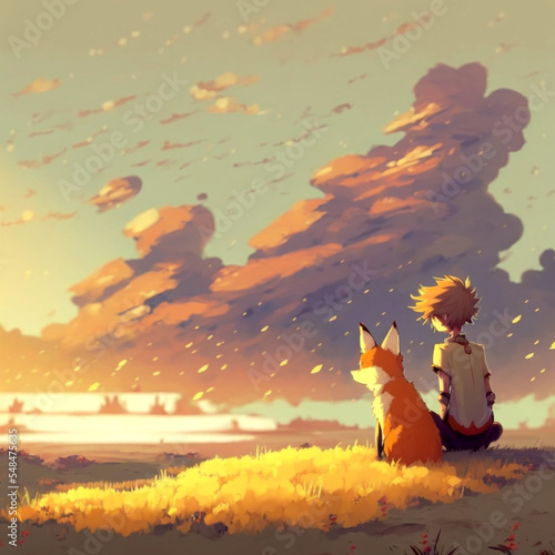 boy and a fox looking at a sunset digital art cartoon