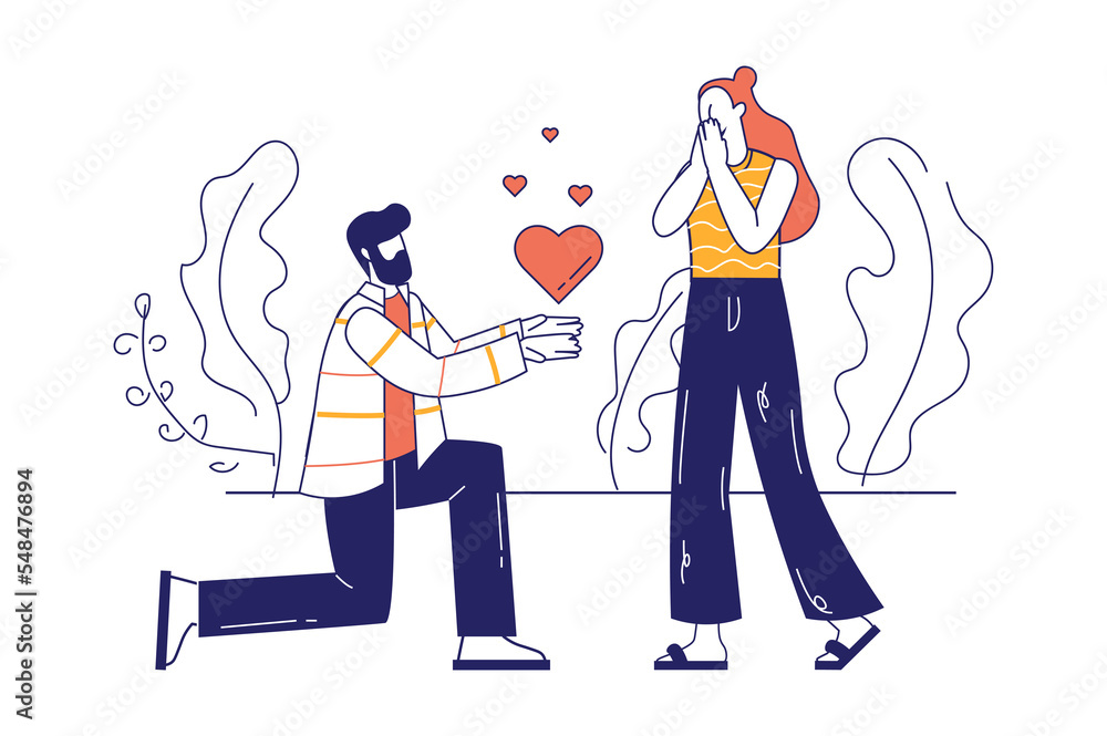 Valentines day concept in flat line design for web banner. Man confesses his love to woman. Loving couple celebrate romantic holiday, modern people scene. Illustration in outline graphic style