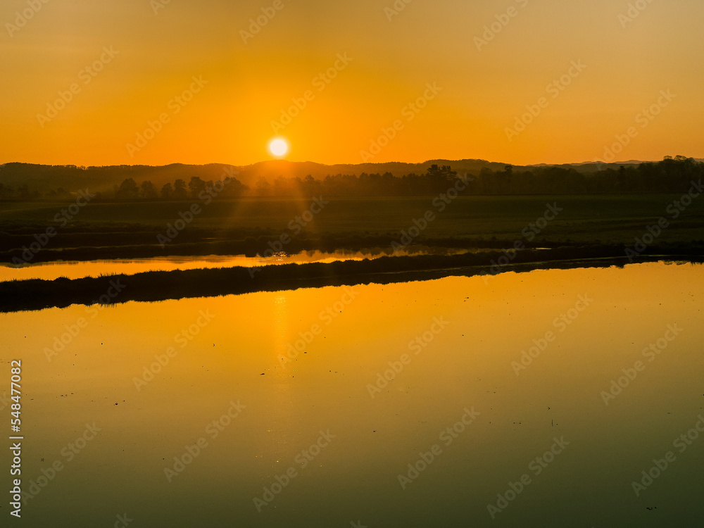 Paddy fields in spring with the setting sun