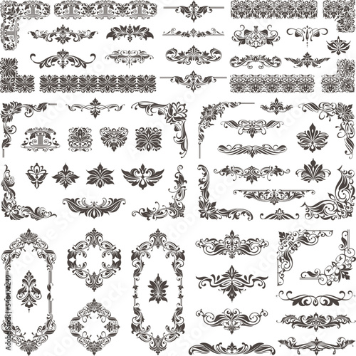 Vintage design lace borders monogram logo and corners, dividers Vector set art deco floral ornaments elements