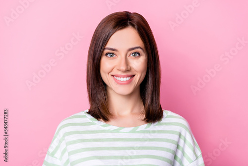 Closeup photo of young attractive cute woman toothy smile confident worker manager boss look you isolated on pink color background