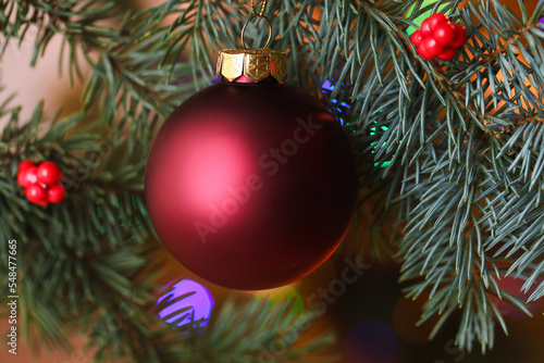 Red Christmas ball on fir tree, closeup