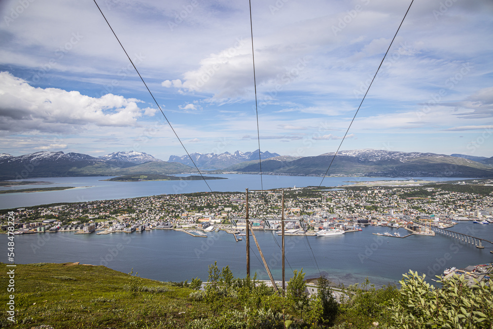 View of Tromso from the Storsteinen mountain ledge at the top of the Fjellheisen funicular, Norway